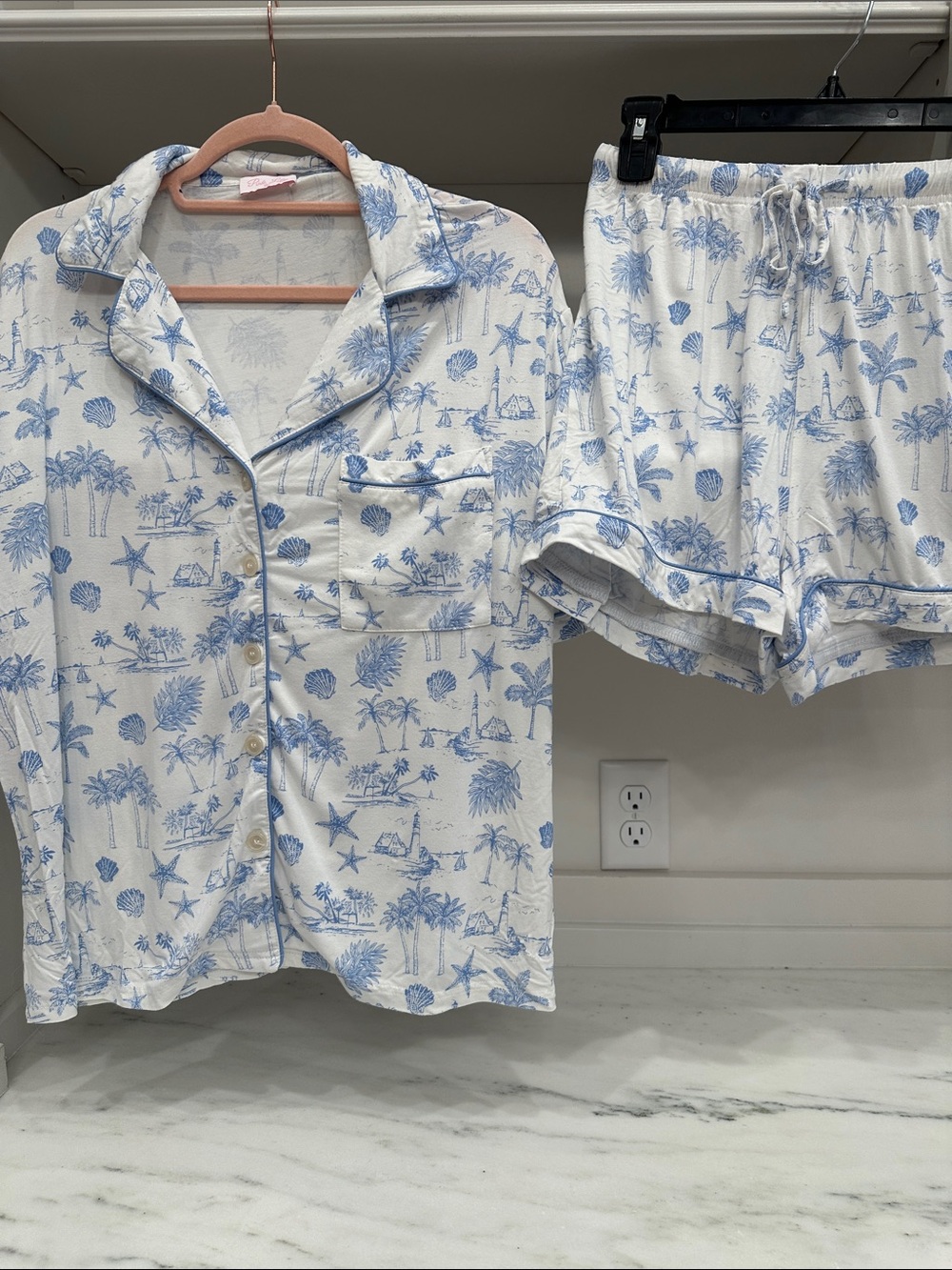 Pink Lily small Blue & White Tropical Print Pajama Set.  Like new
